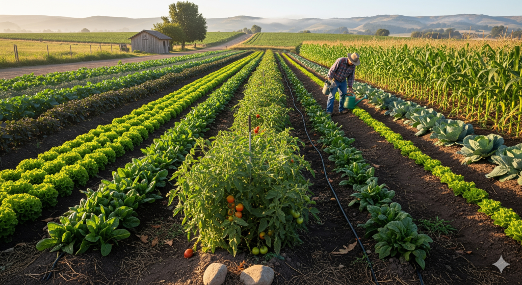 Obraz pokazujący uprawienie warzyw na działce rolnej