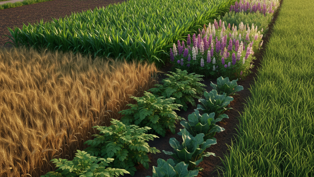 Obraz pokazujący malowniczą scenę z wiejskiego krajobrazu, ukazując rozległe pola uprawne o zachodzie słońca