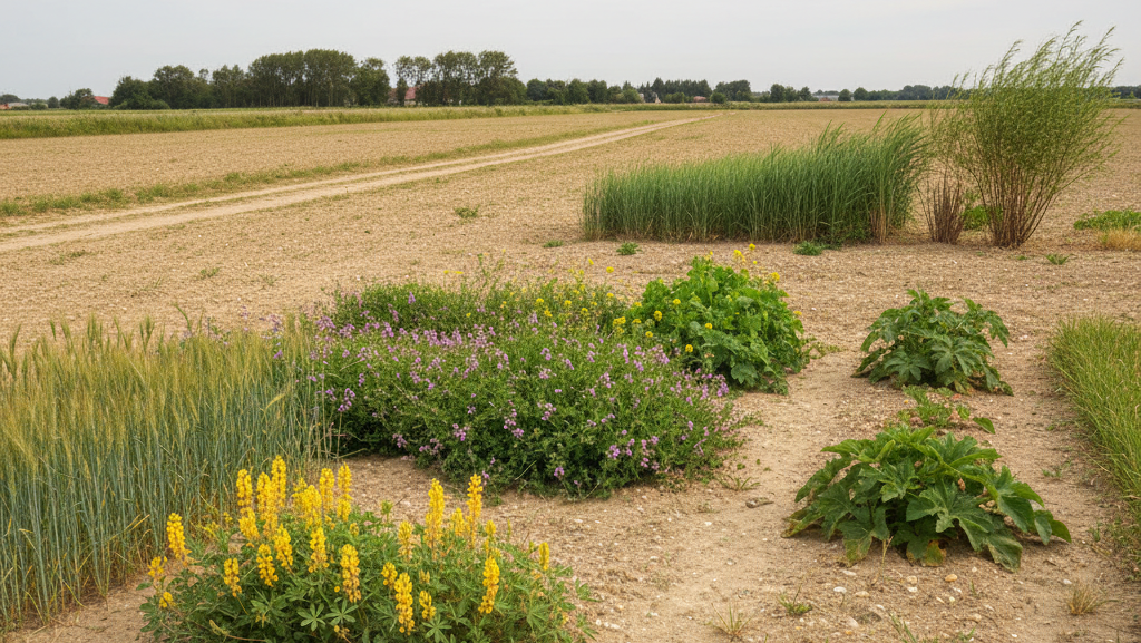 Obraz pokazujący otwarty krajobraz z polami uprawnymi pod jasnym, zachmurzonym niebem