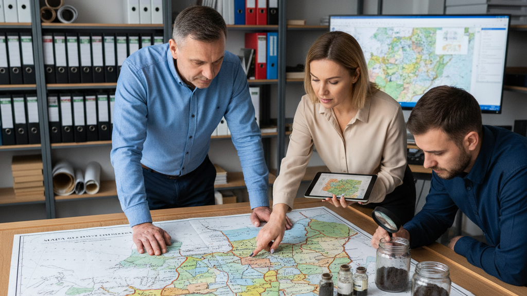 Obraz pokazujący troje dorosłych osób (dwóch mężczyzn i jedną kobietę) w biurowym lub laboratoryjnym otoczeniu, analizujących dużą mapę rozłożoną na stole