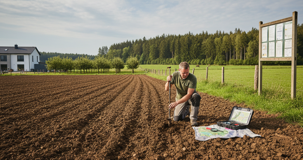 Obraz pokazujący szeroki kadr pola uprawnego w słoneczny dzień, utrzymany w realistycznej, fotograficznej stylistyce
