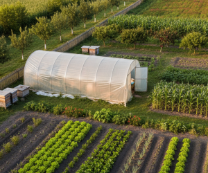 Obraz pokazujący rozległy, rolniczy krajobraz o zróżnicowanej rzeźbie terenu, sfotografowany prawdopodobnie późnym popołudniem lub wczesnym rankiem
