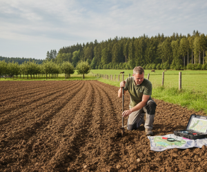 Obraz pokazujący szeroki kadr pola uprawnego w słoneczny dzień, utrzymany w realistycznej, fotograficznej stylistyce