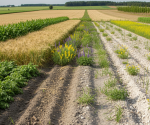 Obraz pokazujący rozległe pole uprawne podzielone na kilka sekcji, prezentujących różnorodne uprawy na glebach o różnej jakości